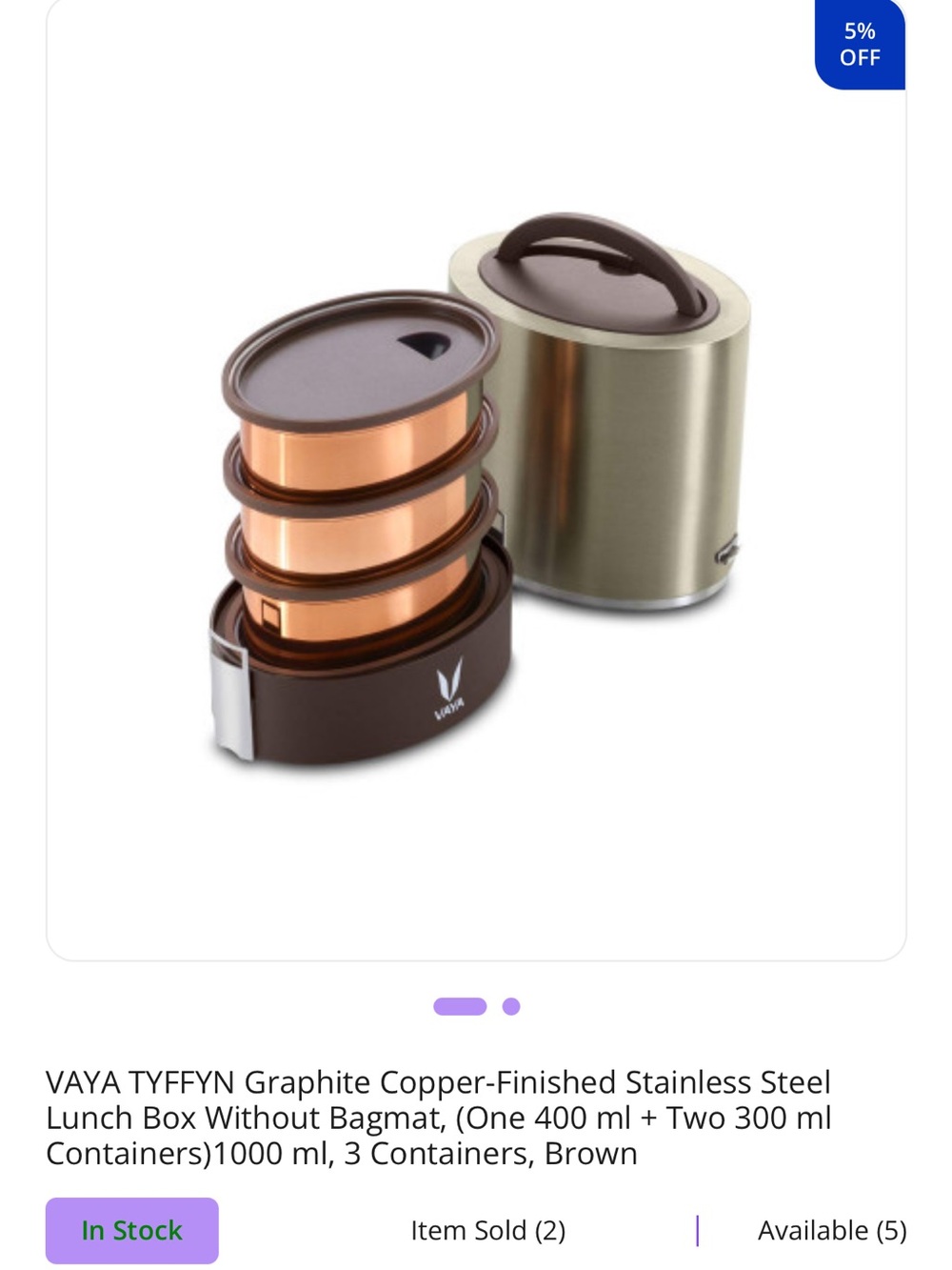 VAYA Tyffyn Copper 1000ml 3 Container Insulated Stainless Steel Lunch Box BagMat - Picture 6 of 14